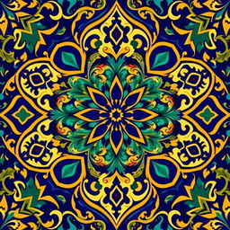 A beautiful neo-Moresque motif featuring intricate geometric patterns and arabesques, rich in vibrant colors like deep cobalt blue, emerald green, and gold