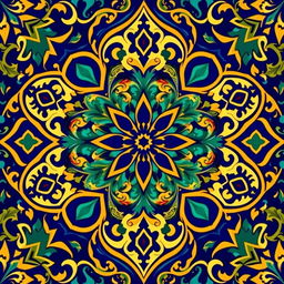 A beautiful neo-Moresque motif featuring intricate geometric patterns and arabesques, rich in vibrant colors like deep cobalt blue, emerald green, and gold