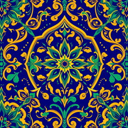 A beautiful neo-Moresque motif featuring intricate geometric patterns and arabesques, rich in vibrant colors like deep cobalt blue, emerald green, and gold