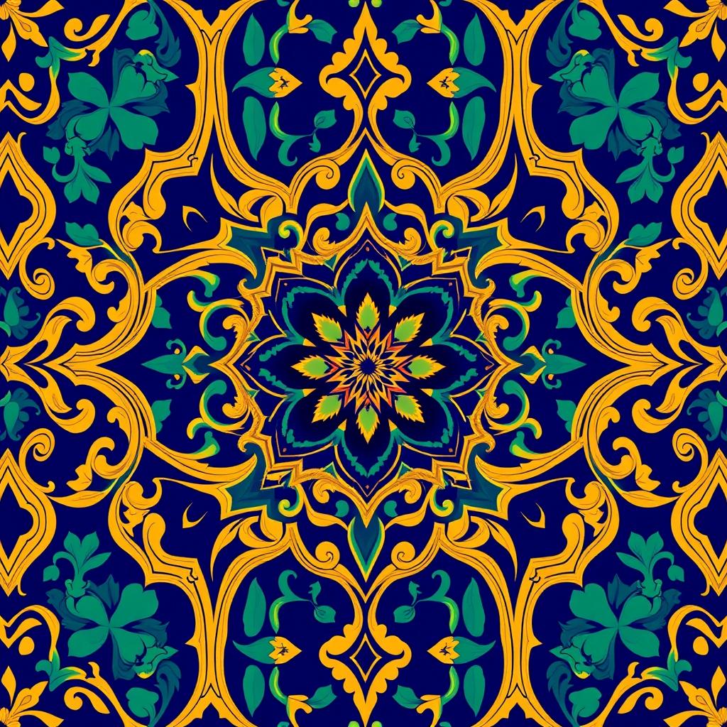 A beautiful neo-Moresque motif featuring intricate geometric patterns and arabesques, rich in vibrant colors like deep cobalt blue, emerald green, and gold