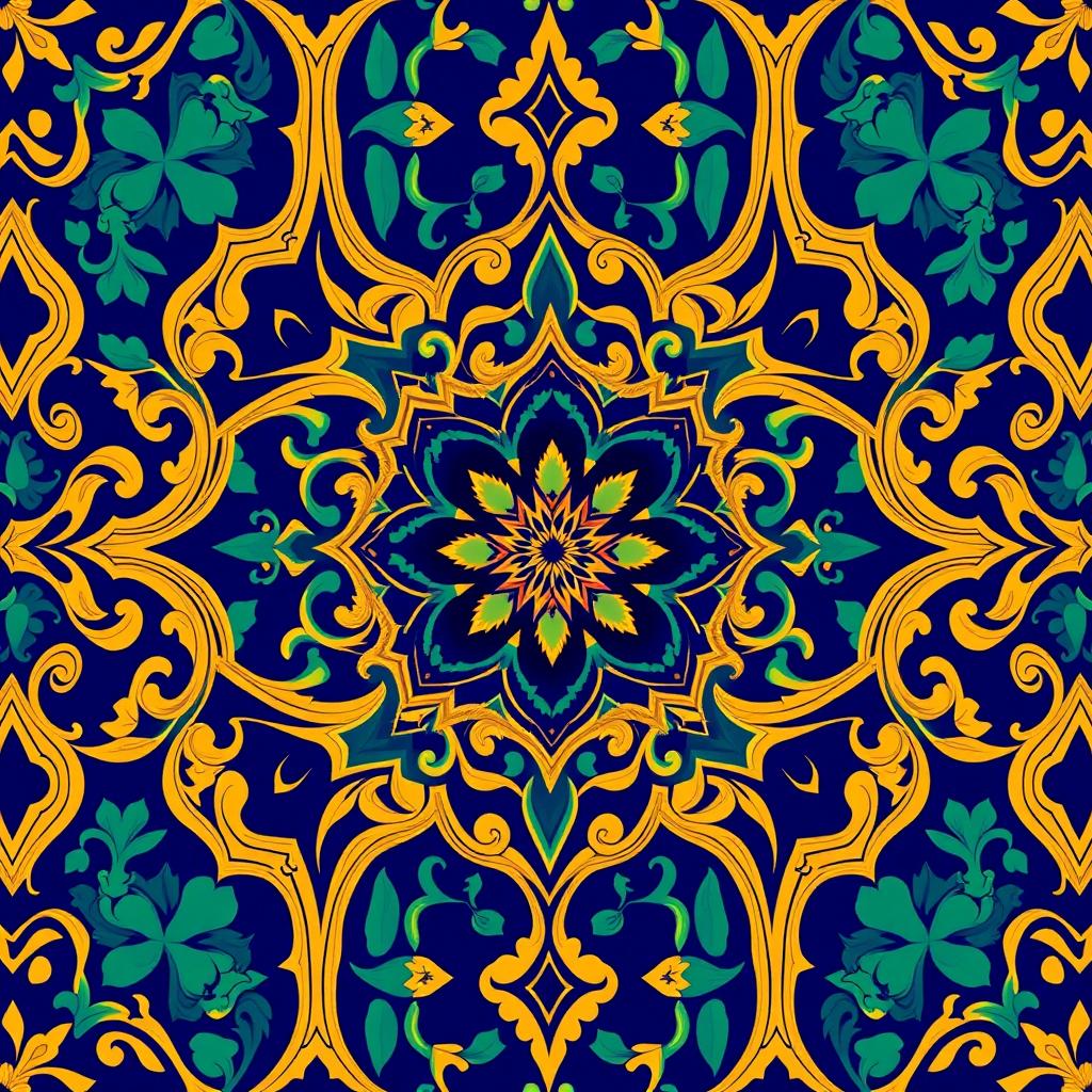 A beautiful neo-Moresque motif featuring intricate geometric patterns and arabesques, rich in vibrant colors like deep cobalt blue, emerald green, and gold