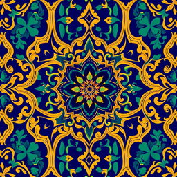 A beautiful neo-Moresque motif featuring intricate geometric patterns and arabesques, rich in vibrant colors like deep cobalt blue, emerald green, and gold