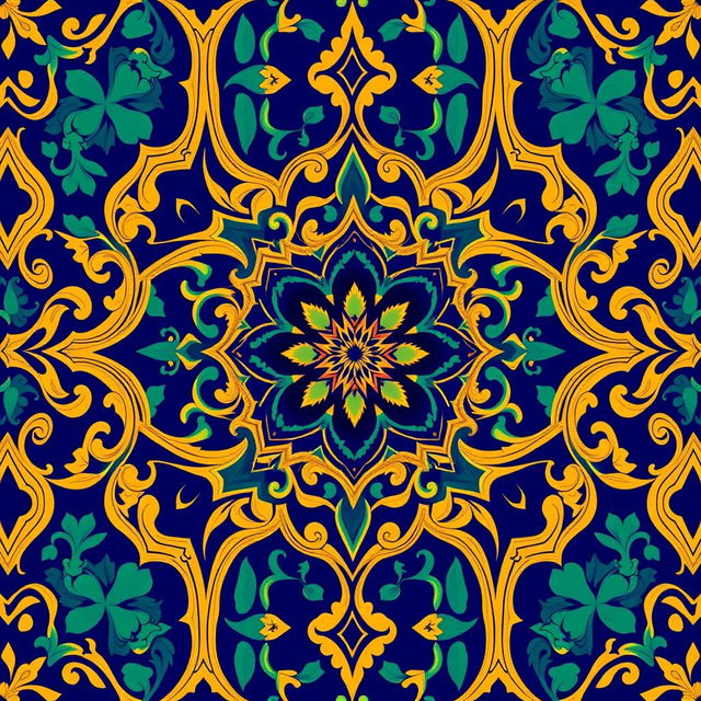 A beautiful neo-Moresque motif featuring intricate geometric patterns and arabesques, rich in vibrant colors like deep cobalt blue, emerald green, and gold
