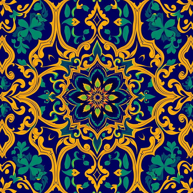 A beautiful neo-Moresque motif featuring intricate geometric patterns and arabesques, rich in vibrant colors like deep cobalt blue, emerald green, and gold