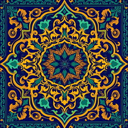 A beautiful neo-Moresque motif featuring intricate geometric patterns and arabesques, rich in vibrant colors like deep cobalt blue, emerald green, and gold