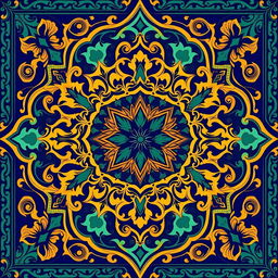 A beautiful neo-Moresque motif featuring intricate geometric patterns and arabesques, rich in vibrant colors like deep cobalt blue, emerald green, and gold