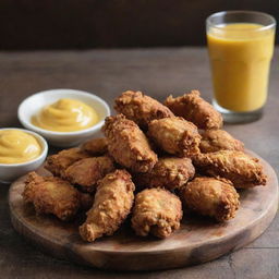 Mouth-watering bite-sized pieces of crispy fried chicken, served on a rustic wooden platter with a tangy mustard sauce on the side.