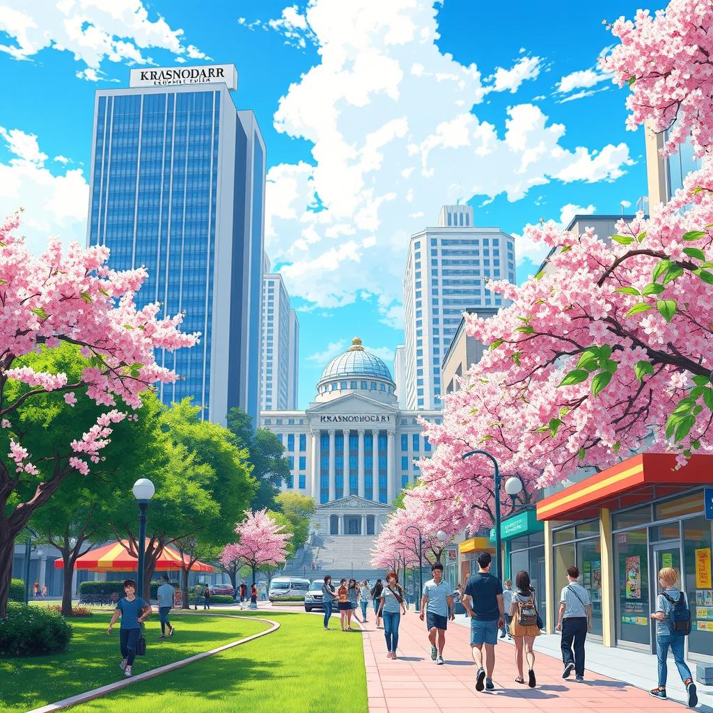 A vibrant anime-style illustration of the city of Krasnodar, featuring recognizable landmarks such as the Krasnodar Regional Administration building, lush green parks, and modern high-rise buildings