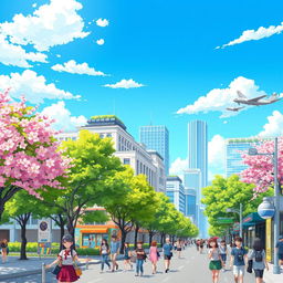 A vibrant anime-style illustration of the city of Krasnodar, featuring recognizable landmarks such as the Krasnodar Regional Administration building, lush green parks, and modern high-rise buildings