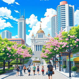 A vibrant anime-style illustration of the city of Krasnodar, featuring recognizable landmarks such as the Krasnodar Regional Administration building, lush green parks, and modern high-rise buildings