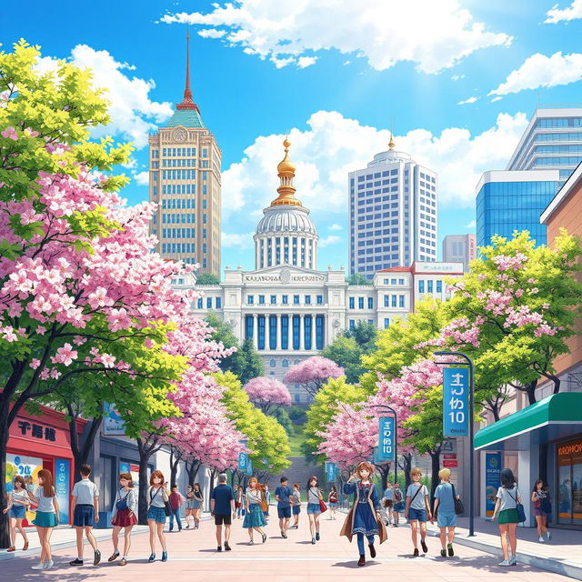 A vibrant anime-style illustration of the city of Krasnodar, featuring recognizable landmarks such as the Krasnodar Regional Administration building, lush green parks, and modern high-rise buildings