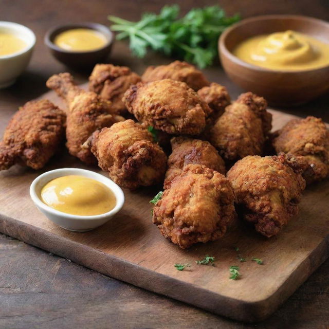 Mouth-watering bite-sized pieces of crispy fried chicken, served on a rustic wooden platter with a tangy mustard sauce on the side.