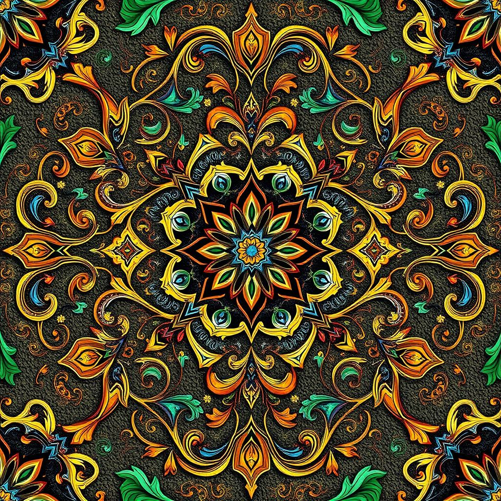 An intricate and beautifully detailed Arabesque pattern, featuring swirling vines, floral elements, and geometric shapes