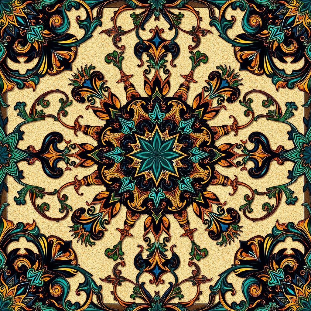 An intricate and beautifully detailed Arabesque pattern, featuring swirling vines, floral elements, and geometric shapes