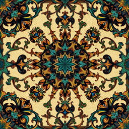 An intricate and beautifully detailed Arabesque pattern, featuring swirling vines, floral elements, and geometric shapes