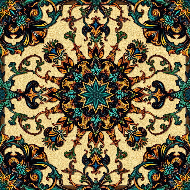 An intricate and beautifully detailed Arabesque pattern, featuring swirling vines, floral elements, and geometric shapes