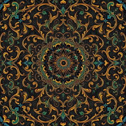 An intricate and beautifully detailed Arabesque pattern, featuring swirling vines, floral elements, and geometric shapes