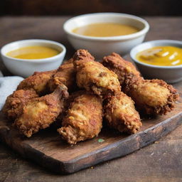 Mouth-watering bite-sized pieces of crispy fried chicken, served on a rustic wooden platter with a tangy mustard sauce on the side.