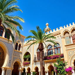 A stunning neo-Moresque architecture scene featuring intricate geometric patterns, colorful tiles, and ornate arches