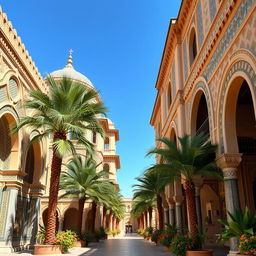 A stunning neo-Moresque architecture scene featuring intricate geometric patterns, colorful tiles, and ornate arches