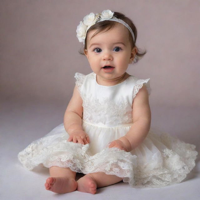 An endearing baby girl sitting and facing the right, attired in a cream-white dress embellished with intricate laces of flowers on the bottom, radiating an aura of pure innocence and delight.