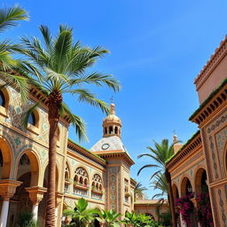 A stunning neo-Moresque architecture scene featuring intricate geometric patterns, colorful tiles, and ornate arches