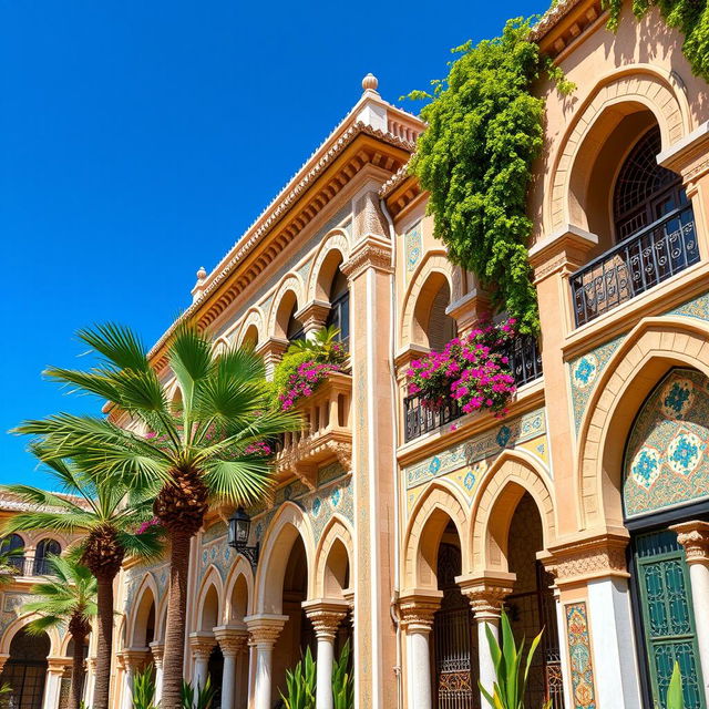 A stunning neo-Moresque architecture scene featuring intricate geometric patterns, colorful tiles, and ornate arches