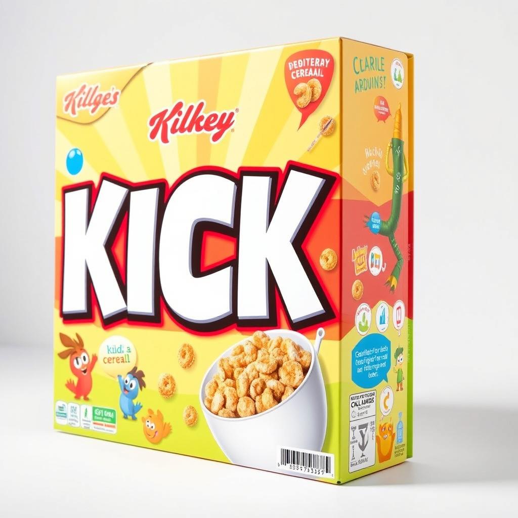 A cereal box design prominently featuring large, bold white letters spelling the word "KICK"