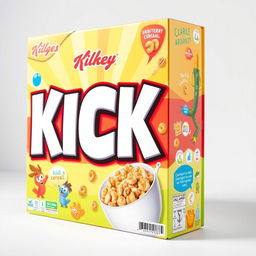 A cereal box design prominently featuring large, bold white letters spelling the word "KICK"