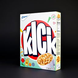 A cereal box design prominently featuring large, bold white letters spelling the word "KICK"