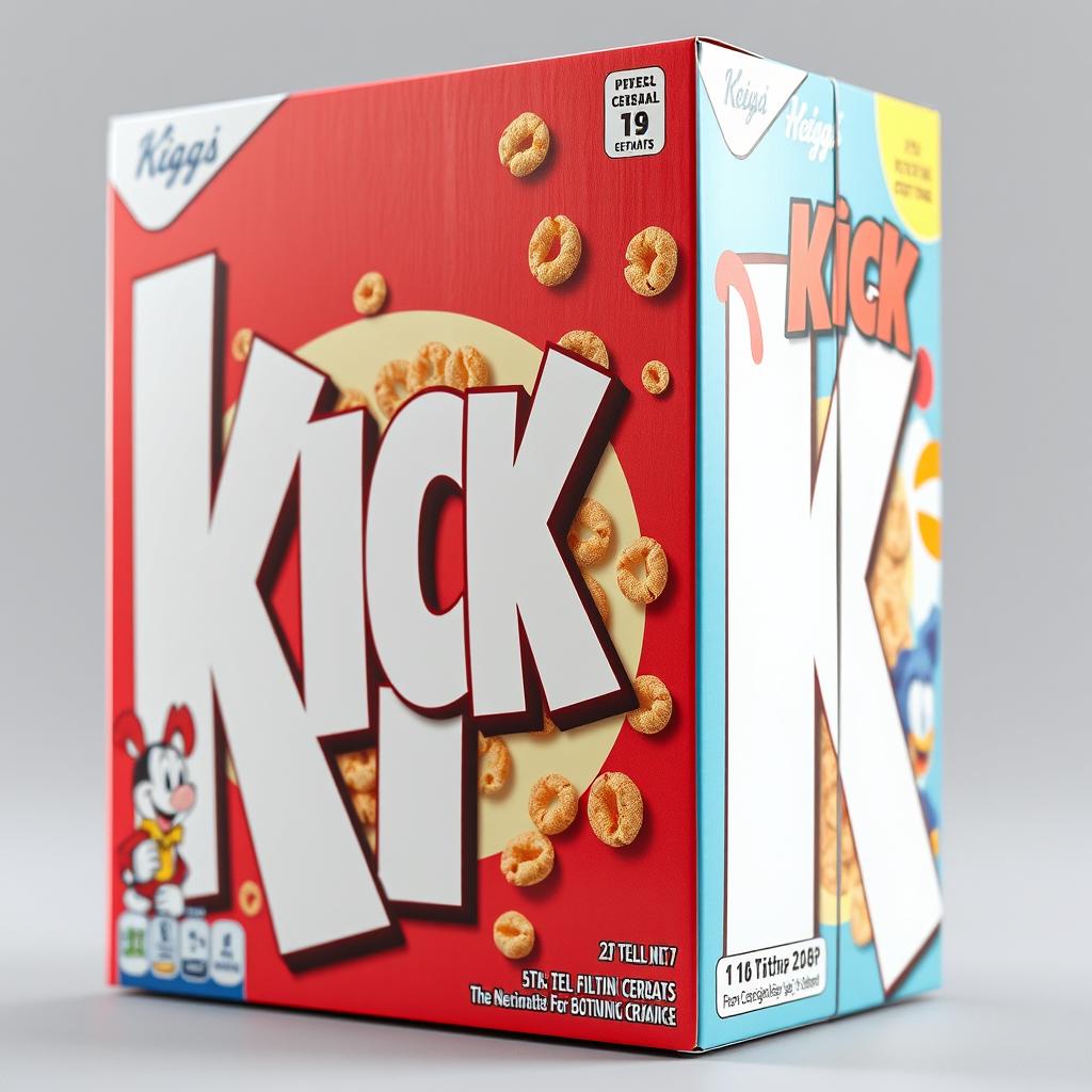 A cereal box design prominently featuring large, bold white letters spelling the word "KICK"