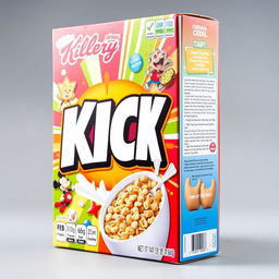 A cereal box design prominently featuring large, bold white letters spelling the word "KICK"