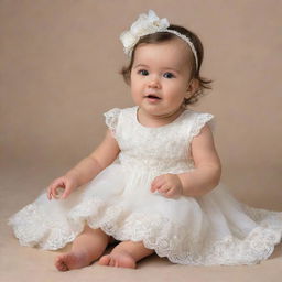 An endearing baby girl sitting and facing the right, attired in a cream-white dress embellished with intricate laces of flowers on the bottom, radiating an aura of pure innocence and delight.