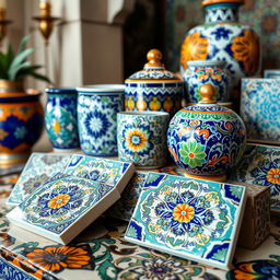 An exquisite display of neo-Moresque faïence ceramics, showcasing vibrant colors and intricate patterns inspired by traditional Moresque art