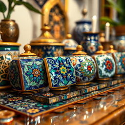 An exquisite display of neo-Moresque faïence ceramics, showcasing vibrant colors and intricate patterns inspired by traditional Moresque art