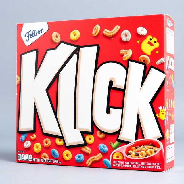 A cereal box featuring large, striking white letters that spell out "KICK" prominently