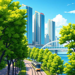 A vibrant anime-style cityscape featuring lush green tree-lined alleys, with a charming tram gliding through the scene