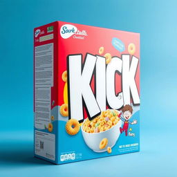 A cereal box featuring large, striking white letters that spell out "KICK" prominently