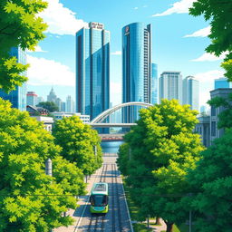 A vibrant anime-style cityscape featuring lush green tree-lined alleys, with a charming tram gliding through the scene