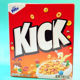 A cereal box featuring large, striking white letters that spell out "KICK" prominently