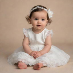 An endearing baby girl sitting and facing the right, attired in a cream-white dress embellished with intricate laces of flowers on the bottom, radiating an aura of pure innocence and delight.