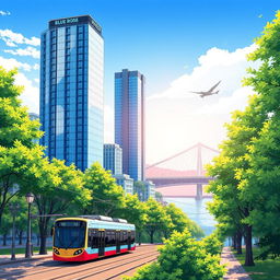 A vibrant anime-style cityscape featuring lush green tree-lined alleys, with a charming tram gliding through the scene