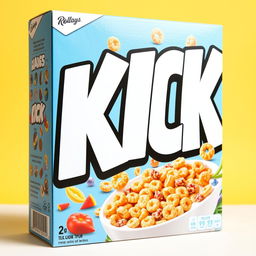 A cereal box featuring large, striking white letters that spell out "KICK" prominently