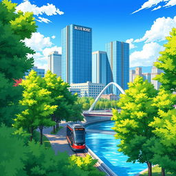 A vibrant anime-style cityscape featuring lush green tree-lined alleys, with a charming tram gliding through the scene