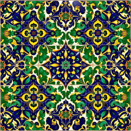 An intricate motif of neo-Moresque faïence, featuring vibrant ceramic tiles with a rich array of geometric patterns and floral designs