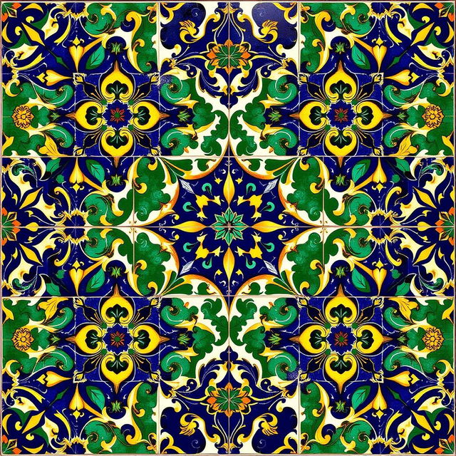 An intricate motif of neo-Moresque faïence, featuring vibrant ceramic tiles with a rich array of geometric patterns and floral designs