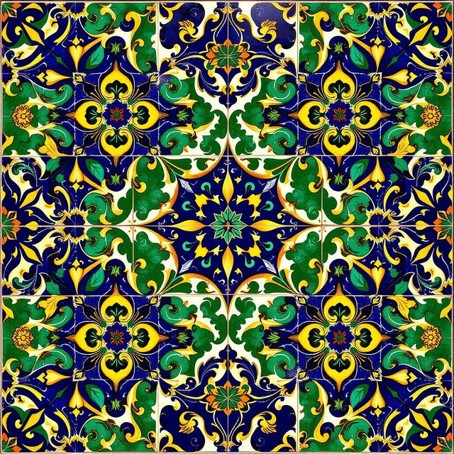 An intricate motif of neo-Moresque faïence, featuring vibrant ceramic tiles with a rich array of geometric patterns and floral designs