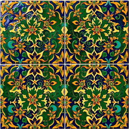 An intricate motif of neo-Moresque faïence, featuring vibrant ceramic tiles with a rich array of geometric patterns and floral designs