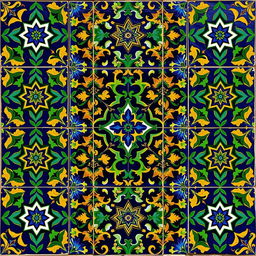 An intricate motif of neo-Moresque faïence, featuring vibrant ceramic tiles with a rich array of geometric patterns and floral designs
