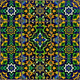 An intricate motif of neo-Moresque faïence, featuring vibrant ceramic tiles with a rich array of geometric patterns and floral designs